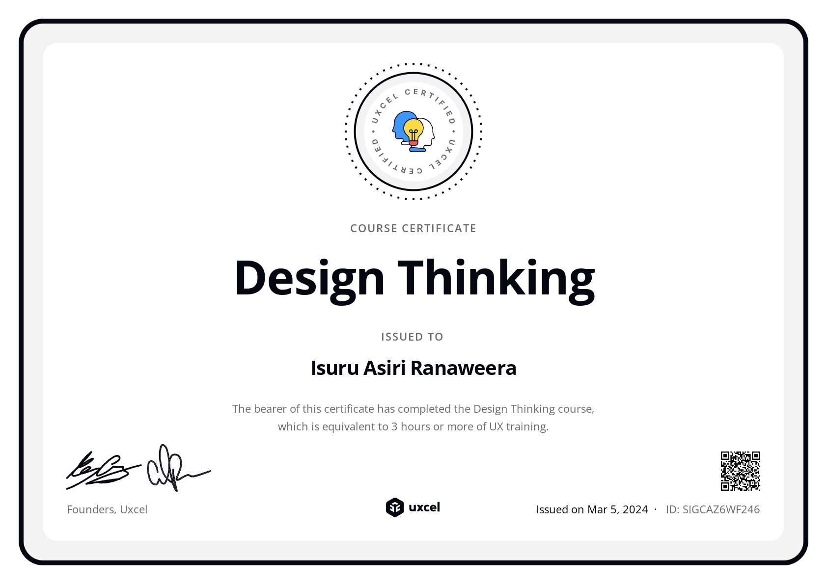 Isuru Asiri Ranaweera's certificate